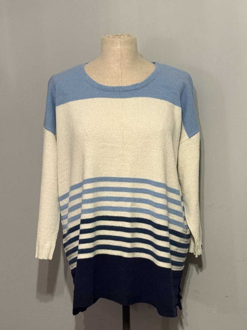 Chico's Blue, Navy & White Striped Crewneck Sweater